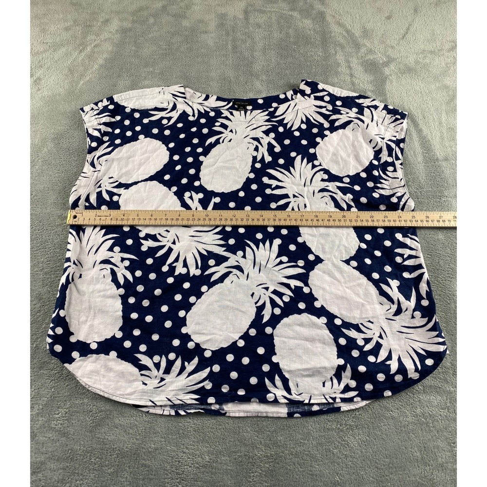 Ann Taylor XXL Navy Blue White Pineapple Polka Dot Linen Blend Cap Sleeve Blouse - Picture 3 of 8